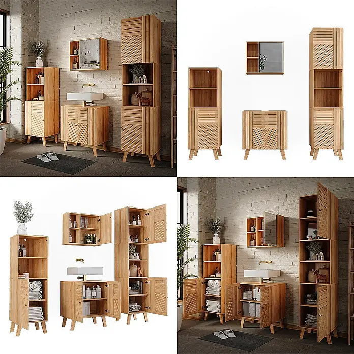 Vicco Badmöbel-Set Lucie, Bambus 60 cm -  - Helles Bambus-Badmöbelset mit Lamellentüren, bestehend aus Hochschränken, Waschtischunterschrank und Spiegelschrank, für stilvollen Stauraum.