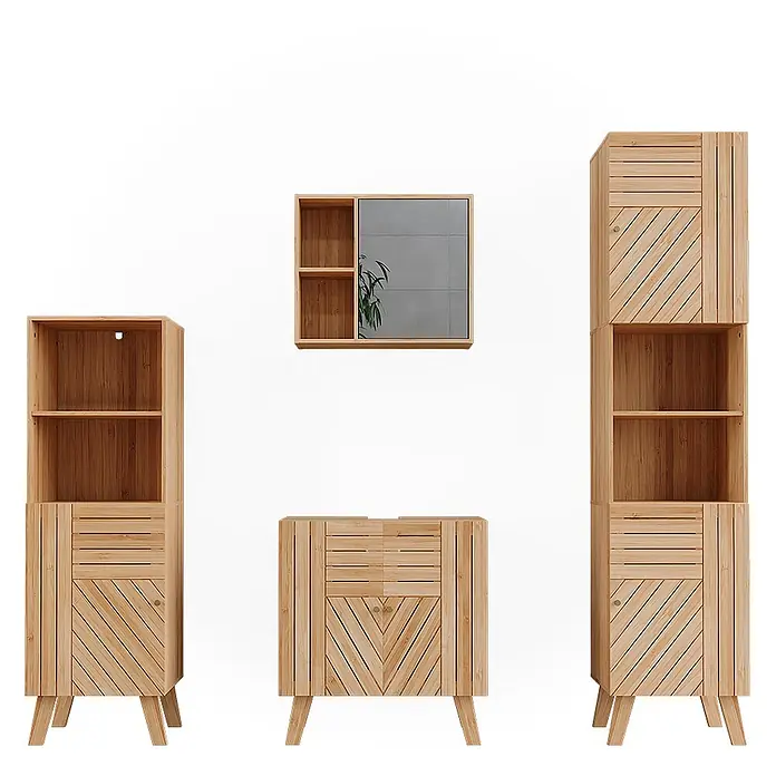 Vicco Badmöbel-Set Lucie, Bambus 60 cm -  - Bambus Badmöbel-Set: zwei Hochschränke und ein Unterschrank mit Lamellentüren, sowie ein Spiegelschrank.