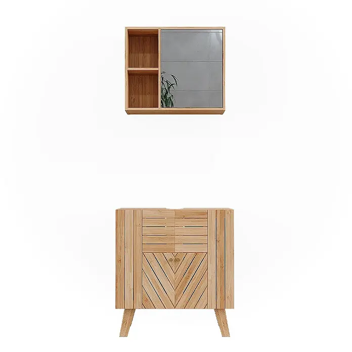 Vicco Badmöbel-Set Lucie Bambus 2 Teile - Bambus, Matt - Badmöbel-Set aus hellem Holz: Wandspiegelschrank mit offenen Fächern und Unterschrank mit Lamellen- und Chevron-Muster.