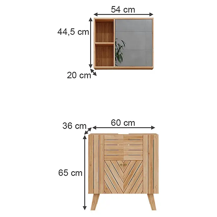 Vicco Badmöbel-Set Lucie Bambus 2 Teile - Bambus, Matt - Set aus hellem Holz Badmöbeln: Spiegelschrank mit Ablagen und Unterschrank mit Lamellentüren.