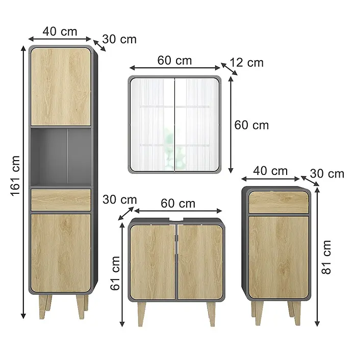 Vicco Badmöbel-Set Arla Anthrazit/Eiche 4 Teile - Anthrazit, Matt - Modulares Stauraummöbel-Set mit Holzeffekt-Türen und grauen Rahmen, bestehend aus Hochschrank, Wandspiegel und kleineren Schränken zur vielseitigen Organisation.