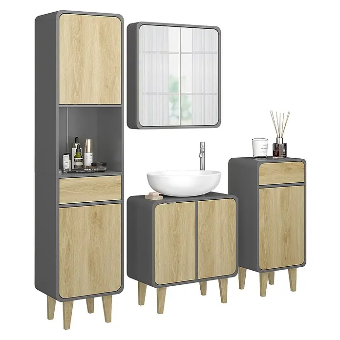 Vicco Badmöbel-Set Arla Anthrazit/Eiche 4 Teile - Anthrazit, Matt - Modernes Badmöbel-Set in Dunkelgrau und hellem Holz: Hochschrank, Waschtisch, Beistellschrank und Spiegelschrank.