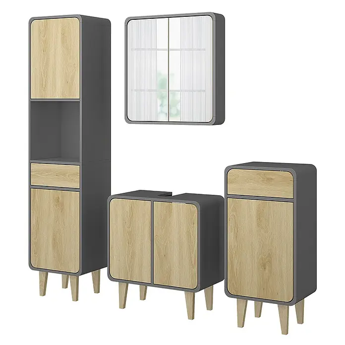 Vicco Badmöbel-Set Arla Anthrazit/Eiche 4 Teile - Anthrazit, Matt - Modernes Badmöbel-Set in Grau und heller Holzoptik: Hochschrank, Spiegelschrank, Unter- und Beistellschränke.