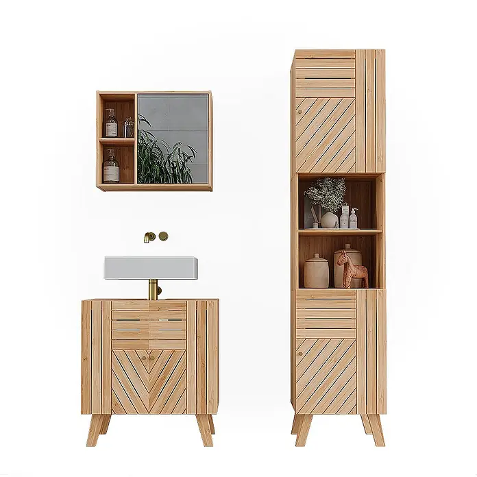 Vicco Badmöbel-Set Lucie Bambus 3 Teile, mit Hochschrank - Bambus, Matt - Badezimmermöbel-Set aus hellem Holz mit Waschtisch, Waschbecken, Spiegelschrank und Hochschrank.