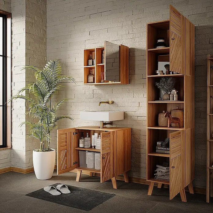Vicco Badmöbel-Set Lucie Bambus 3 Teile, mit Hochschrank - Bambus, Matt - Badmöbel-Set aus Naturholz: Waschtisch, Spiegelschrank und hoher Lagerschrank.