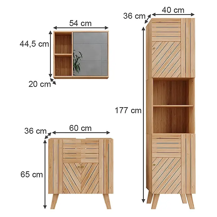 Vicco Badmöbel-Set Lucie Bambus 3 Teile, mit Hochschrank - Bambus, Matt - Bambus Badmöbel-Set: Spiegelschrank, Hochschrank, Waschtischunterschrank, mit Maßen.