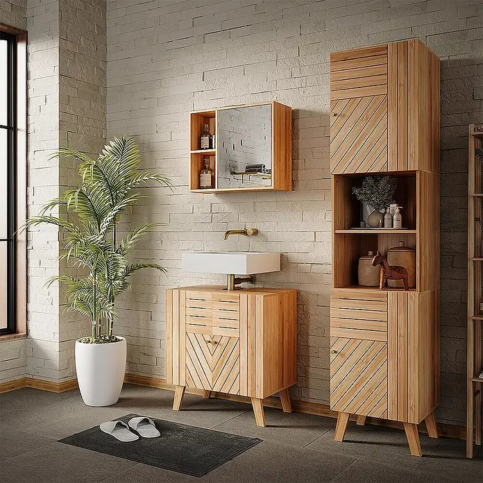 Vicco Badmöbel-Set Lucie Bambus 3 Teile, mit Hochschrank - Bambus, Matt - Helles Holz-Badmöbel-Set mit Lamellendetails: Waschtisch, Spiegelschrank und hoher Schrank.