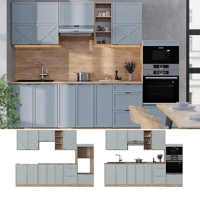 Vicco Küchenzeile Fame-Line Hellblau-grau/Goldkraft Eiche, AP Eiche - Breite: 280 cm, Hellblau-grau, Ohne Elektrogeräte - Moderne hellblaue Küche mit Holz-Arbeitsplatten und integrierten Geräten.