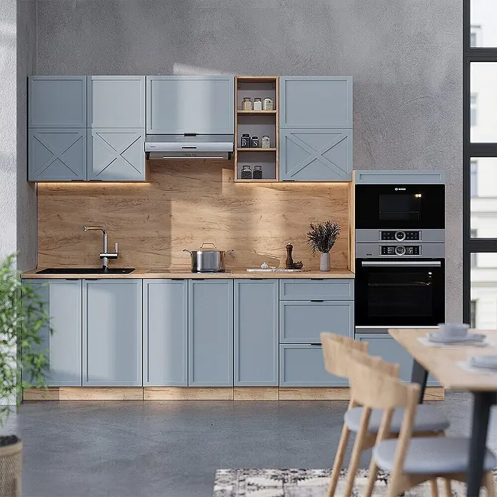 Vicco Küchenzeile Fame-Line Hellblau-grau/Goldkraft Eiche, AP Eiche - Breite: 280 cm, Hellblau-grau, Ohne Elektrogeräte - Moderne hellblau-graue Küchenschränke mit Holzoptik-Arbeitsplatten und integrierten Geräten, darunter Ofen und Mikrowelle.