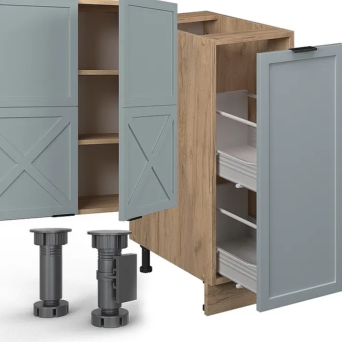 Vicco Küchenzeile Fame-Line Hellblau-grau/Goldkraft Eiche, AP Eiche - Breite: 280 cm, Hellblau-grau, Ohne Elektrogeräte - Modulare Küchenschränke in Hellgrau und Eichenoptik, mit Auszügen und verstellbaren Stützfüßen.