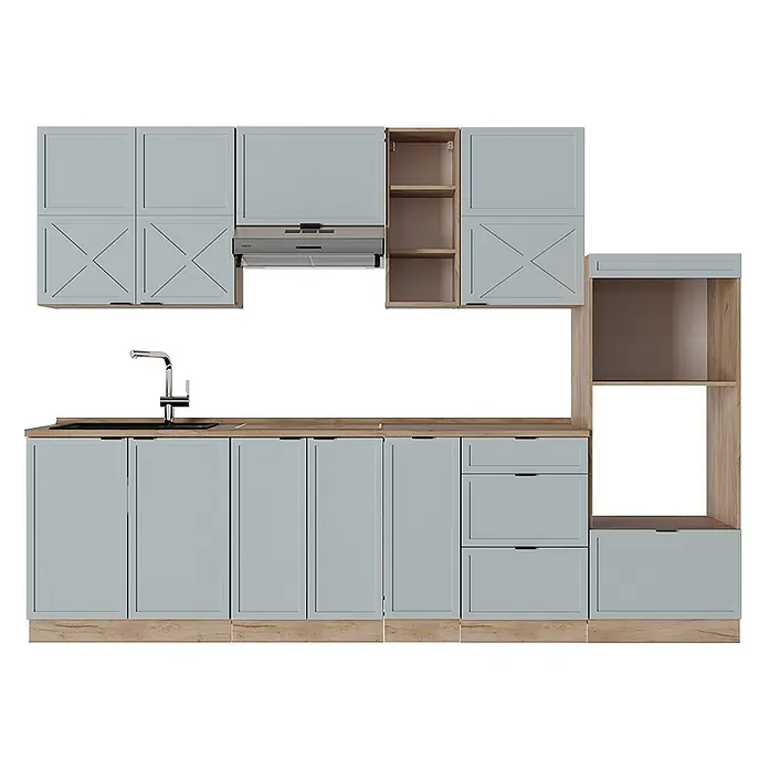 Vicco Küchenzeile Fame-Line Hellblau-grau/Goldkraft Eiche, AP Eiche - Breite: 280 cm, Hellblau-grau, Ohne Elektrogeräte - Modulare hellblaue Küche mit Arbeitsplatten und Akzenten in Holzoptik, Ober- und Unterschränken, Schubladen, Spüle und Dunstabzugshaube.