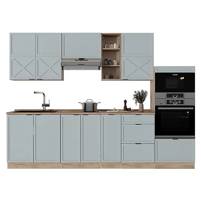 Vicco Küchenzeile Fame-Line Hellblau-grau/Goldkraft Eiche, AP Eiche - Breite: 280 cm, Hellblau-grau, Ohne Elektrogeräte - Hellblaue Küche mit Holz-Arbeitsplatte, integrierten schwarzen Geräten, Spüle, Kochfeld und Schränken mit Kassettentüren.