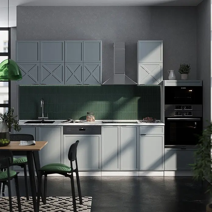 Vicco Küchenzeile Fame-Line Hellblau-grau/Weiß mit Hochschrank, ohne Arbeitsplatte - Breite: 300 cm, Hellblau-grau, Ohne Elektrogeräte - Moderne Küche mit hellgrauen Schränken, dunkelgrüner Fliesenrückwand und integrierten Edelstahlgeräten.