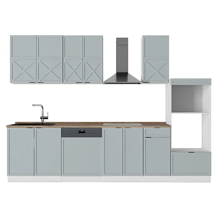 Vicco Küchenzeile Fame-Line Hellblau-grau/Weiß mit Hochschrank, AP Eiche - Breite: 300 cm, Hellblau-grau, Ohne Elektrogeräte - Moderne hellblaue Küche mit Arbeitsplatte aus Holz, schwarzem Spülbecken, integriertem Geschirrspüler, Kochfeld und Dunstabzugshaube.