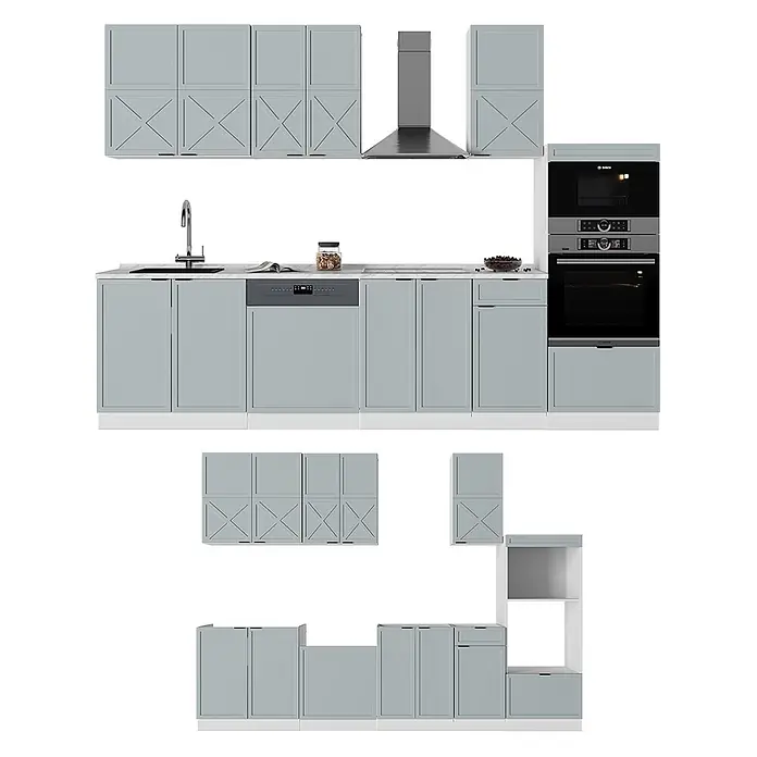 Vicco Küchenzeile Fame-Line Hellblau-grau/Weiß mit Hochschrank, ohne Arbeitsplatte - Breite: 300 cm, Hellblau-grau, Ohne Elektrogeräte - Modulares hellgrau-grünes Küchenset mit Kreuzrahmenfronten, Spüle, Geschirrspüler, Kochfeld, Dunstabzugshaube, Backofen und Mikrowelle.