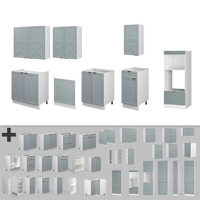 Vicco Küchenzeile Fame-Line Hellblau-grau/Weiß mit Hochschrank, ohne Arbeitsplatte - Breite: 300 cm, Hellblau-grau, Ohne Elektrogeräte - Modulares Küchenschranksystem mit weißen Korpusen und hellgrauen Türen/Schubladenfronten, verschiedene Typen (Unter-, Ober- und Hochschränke) zeigend.