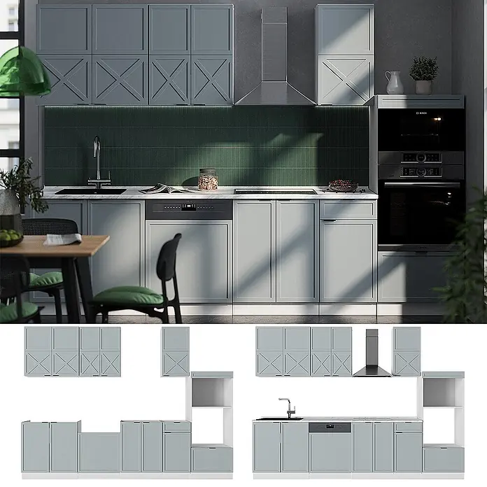 Vicco Küchenzeile Fame-Line Hellblau-grau/Weiß mit Hochschrank, ohne Arbeitsplatte - Breite: 300 cm, Hellblau-grau, Ohne Elektrogeräte - Moderne hellgraue Küche mit integrierten Geräten, weißer Arbeitsplatte und dunkelgrünem Fliesenspiegel.