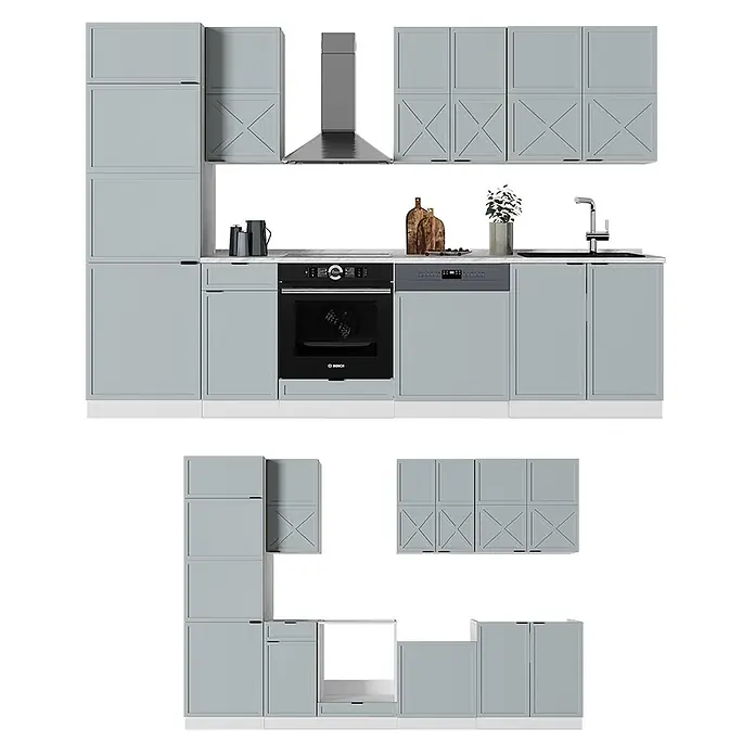 Vicco Küchenzeile Fame-Line Hellblau-grau/Weiß, AP Anthrazit - Breite: 300 cm, Hellblau-grau, Ohne Elektrogeräte - Moderne hellblau-graue Küche mit modularen Schränken, Einbaubackofen, Geschirrspüler, Spüle und Dunstabzugshaube. Einige Schränke haben dekorative Kreuzdetails.