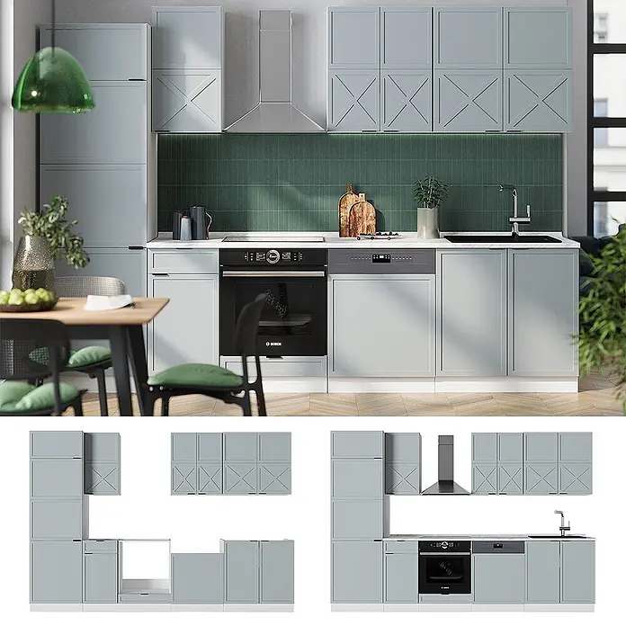 Vicco Küchenzeile Fame-Line Hellblau-grau/Weiß, AP Anthrazit - Breite: 300 cm, Hellblau-grau, Ohne Elektrogeräte - Moderne hellblaue Küchenmöbel mit X-Detail-Türen, integriertem Backofen, Geschirrspüler und Spüle.