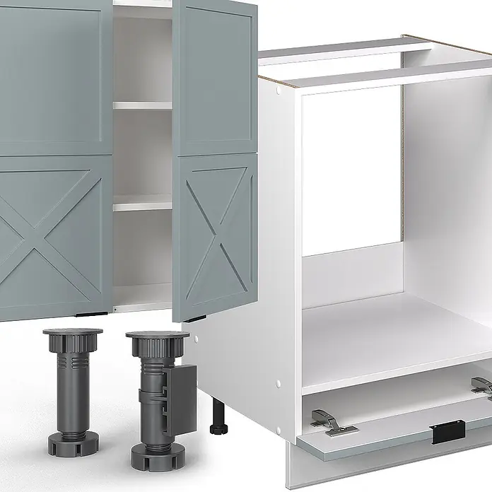 Vicco Küchenzeile Fame-Line Hellblau-grau/Weiß, AP Anthrazit - Breite: 300 cm, Hellblau-grau, Ohne Elektrogeräte - Unmontierte Küchenschrankteile: graue X-Türfronten, weißer Korpus, Einlegeböden und dunkelgraue Verstellfüße.