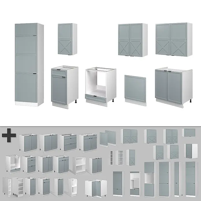 Vicco Küchenzeile Fame-Line Hellblau-grau/Weiß, AP Anthrazit - Breite: 300 cm, Hellblau-grau, Ohne Elektrogeräte - Graue und weiße modulare Küchenschränke, inklusive Hochschränken, Unter- und Oberschränken mit Türen und Schubladen.