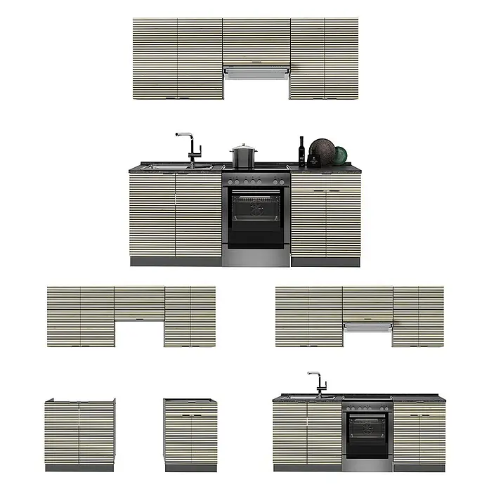 Vicco Küchenzeile Fame-Line Eiche Paneel/Anthrazit, AP Eiche - Breite: 200 cm, Eiche Paneel, Ohne Elektrogeräte - Modulare Küchenzeile mit hellen Horizontal-Lamellen-Schränken, dunklen Arbeitsplatten und integrierten Geräten.