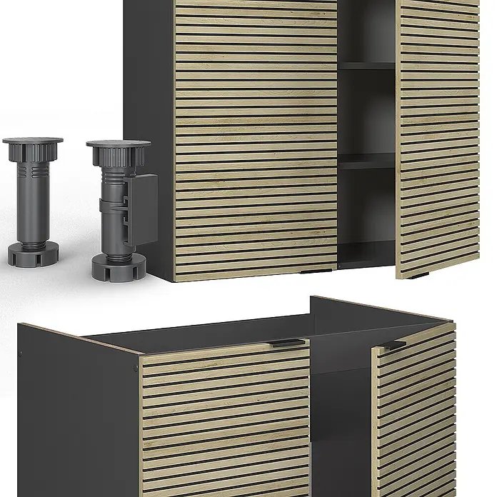 Vicco Küchenzeile Fame-Line Eiche Paneel/Anthrazit, AP Eiche - Breite: 200 cm, Eiche Paneel, Ohne Elektrogeräte - Modulschrank mit Lamellentüren aus hellem Holz, dunkelgrauem Korpus und verstellbaren Füßen.