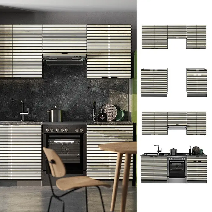 Vicco Küchenzeile Fame-Line Eiche Paneel/Anthrazit, AP Eiche - Breite: 200 cm, Eiche Paneel, Ohne Elektrogeräte - Helle Holzlamellen-Küchenschränke mit integriertem Backofen und Spüle, modulare Komponenten gezeigt.
