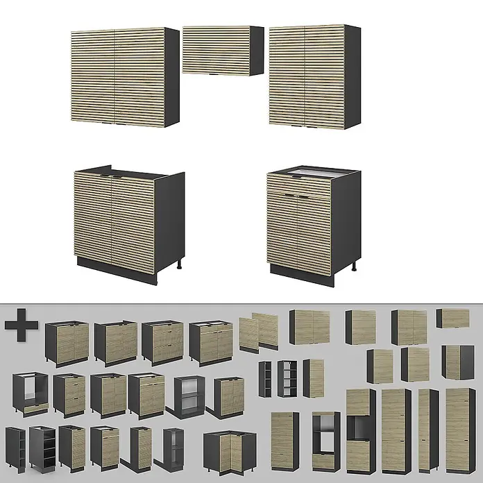 Vicco Küchenzeile Fame-Line Eiche Paneel/Anthrazit, AP Eiche - Breite: 200 cm, Eiche Paneel, Ohne Elektrogeräte - Kollektion modularer Küchenschränke mit hellen Holzlamellenfronten und dunkelgrauen Rahmen.