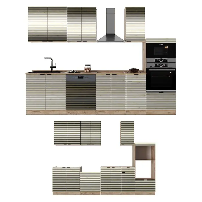 Vicco Küchenzeile Fame-Line Eiche Paneel/Goldkraft Eiche mit Hochschrank, AP Eiche - Breite: 300 cm, Eiche Paneel, Ohne Elektrogeräte - Modulares Küchensystem mit hellbeigen, horizontal lamellenförmigen Schränken und hellen Holzdetails.