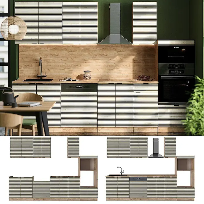 Vicco Küchenzeile Fame-Line Eiche Paneel/Goldkraft Eiche mit Hochschrank, AP Eiche - Breite: 300 cm, Eiche Paneel, Ohne Elektrogeräte - Moderne Küche mit hellen Holzlamellenschränken, natürlicher Holzrückwand, integrierter Spüle, Geschirrspüler, Backofen und Dunstabzugshaube.