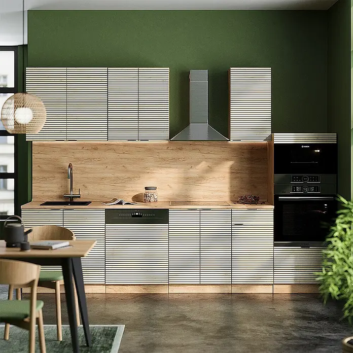 Vicco Küchenzeile Fame-Line Eiche Paneel/Goldkraft Eiche mit Hochschrank, AP Eiche - Breite: 300 cm, Eiche Paneel, Ohne Elektrogeräte - Moderne Küche mit hellen Lamellenschränken, Holzrückwand und integrierten schwarzen Geräten wie Geschirrspüler und Backofen.