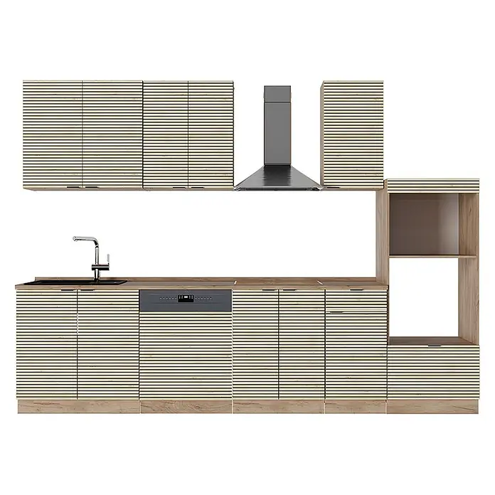 Vicco Küchenzeile Fame-Line Eiche Paneel/Goldkraft Eiche mit Hochschrank, AP Eiche - Breite: 300 cm, Eiche Paneel, Ohne Elektrogeräte - Moderne Küchenzeile mit lamellenförmigen hellen Holzschränken, dunklen Arbeitsplatten und integrierten Geräten.