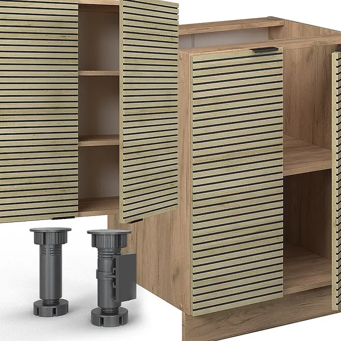 Vicco Küchenzeile Fame-Line Eiche Paneel/Goldkraft Eiche mit Hochschrank, AP Eiche - Breite: 300 cm, Eiche Paneel, Ohne Elektrogeräte - Holzschrank mit Lamellentüren und verstellbaren grauen Füßen, zeigt Innenböden. Modulare Möbelkomponenten zur Aufbewahrung.