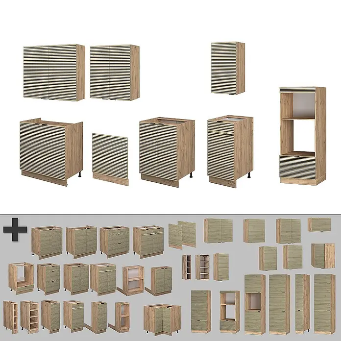 Vicco Küchenzeile Fame-Line Eiche Paneel/Goldkraft Eiche mit Hochschrank, AP Eiche - Breite: 300 cm, Eiche Paneel, Ohne Elektrogeräte - Kollektion von Küchenschrankmodulen aus hellem Holz mit Lamellen in verschiedenen Größen und Konfigurationen.
