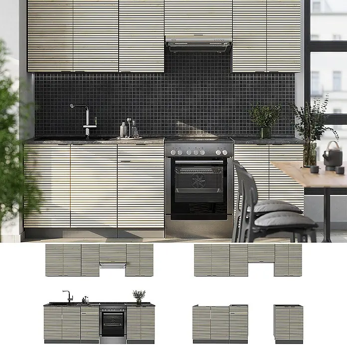 Vicco Küchenzeile Fame-Line Eiche Paneel/Anthrazit, AP Eiche - Breite: 240 cm, Eiche Paneel, Ohne Elektrogeräte - Moderne Küchenschränke mit hellem Lamellendesign, um Spüle und Ofen integriert.