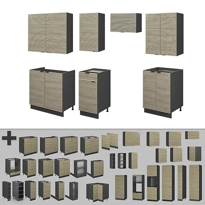 Vicco Küchenzeile Fame-Line Eiche Paneel/Anthrazit, AP Eiche - Breite: 240 cm, Eiche Paneel, Ohne Elektrogeräte - Modulare Küchenschränke mit hellen Holzlamellenfronten und dunkelgrauen Rahmen, darunter Wand-, Unter- und Hochschränke.