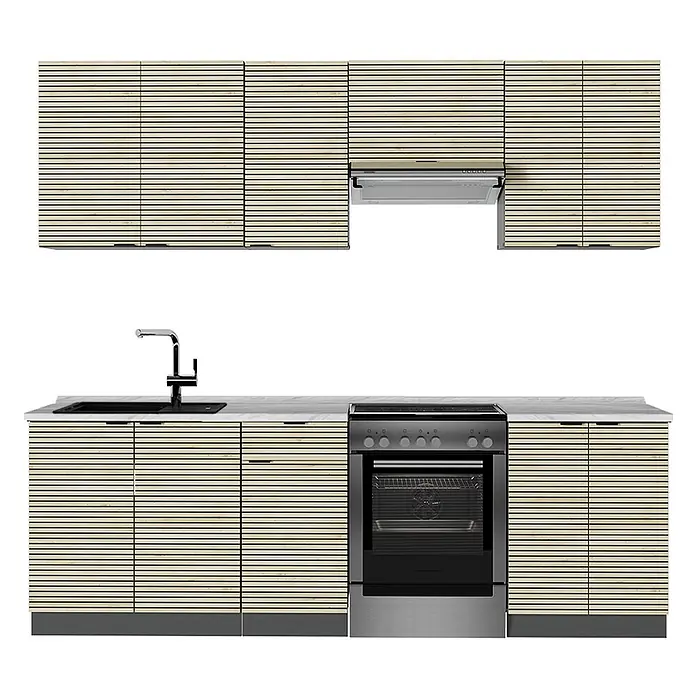 Vicco Küchenzeile Fame-Line Eiche Paneel/Anthrazit, AP Marmor - Breite: 240 cm, Eiche Paneel, Ohne Elektrogeräte - Moderne Küchenzeile mit hellen Holzlamellenfronten, integriertem Backofen, Dunstabzugshaube und schwarzem Waschbecken mit Armatur.