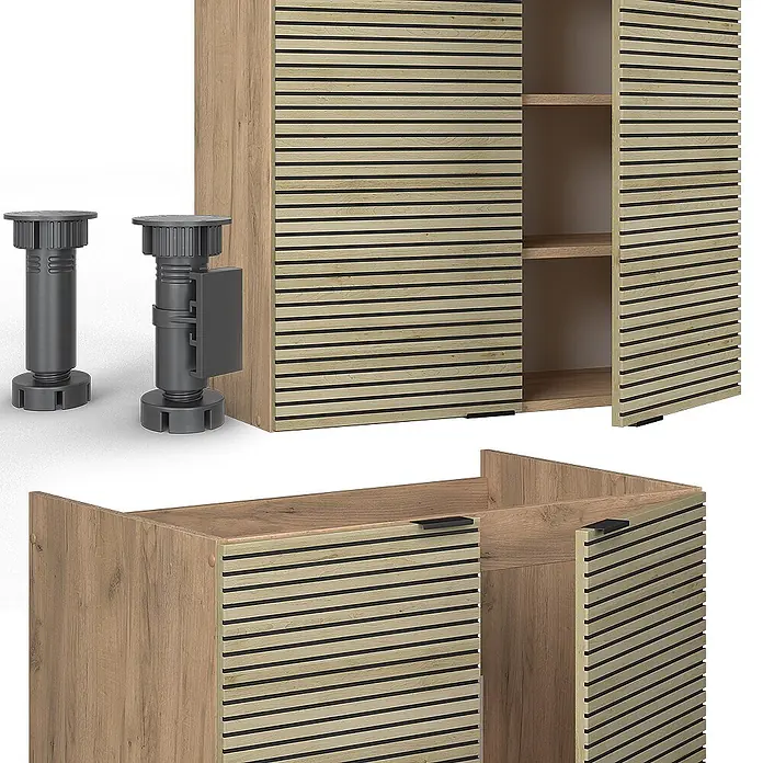 Vicco Küchenzeile Fame-Line Eiche Paneel/Goldkraft Eiche, AP Eiche - Breite: 235 cm, Eiche Paneel, Ohne Elektrogeräte - Holzschrank mit Lamellentüren in Hellholz und Schwarz, gezeigt mit verstellbaren grauen Kunststofffüßen.
