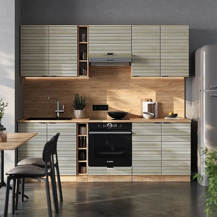 Vicco Küchenzeile Fame-Line Eiche Paneel/Goldkraft Eiche, AP Eiche - Breite: 235 cm, Eiche Paneel, Ohne Elektrogeräte - Moderne Küche mit hellen Holzlamellenfronten und dunklen Querlinien, nahtlos integrierte Geräte.
