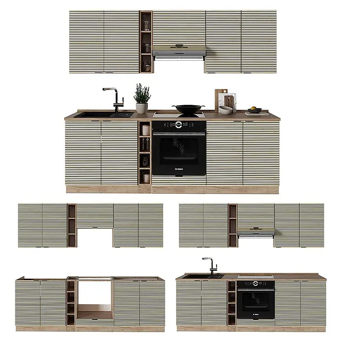 Vicco Küchenzeile Fame-Line Eiche Paneel/Goldkraft Eiche, AP Eiche - Breite: 235 cm, Eiche Paneel, Ohne Elektrogeräte - Modulares Küchenschrank-Set mit hellbeigen Lamellentüren und Holzoberflächen, Spüle, Backofen und Dunstabzugshaube.