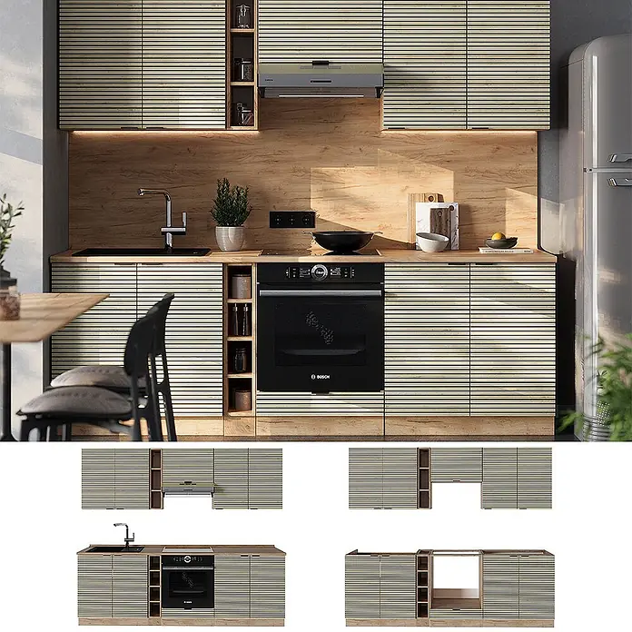 Vicco Küchenzeile Fame-Line Eiche Paneel/Goldkraft Eiche, AP Eiche - Breite: 235 cm, Eiche Paneel, Ohne Elektrogeräte - Moderne Küchenzeile mit hellbeigen Lamellenschränken und Holzakzenten, inklusive integrierter Geräte.
