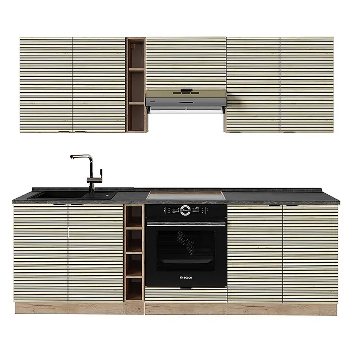 Vicco Küchenzeile Fame-Line Eiche Paneel/Goldkraft Eiche, AP Anthrazit - Breite: 235 cm, Eiche Paneel, Ohne Elektrogeräte - Moderne Küchenschränke mit hellem Lamellenholzdesign, dunklen Arbeitsplatten, Spüle, integriertem Backofen, Kochfeld und Dunstabzugshaube.