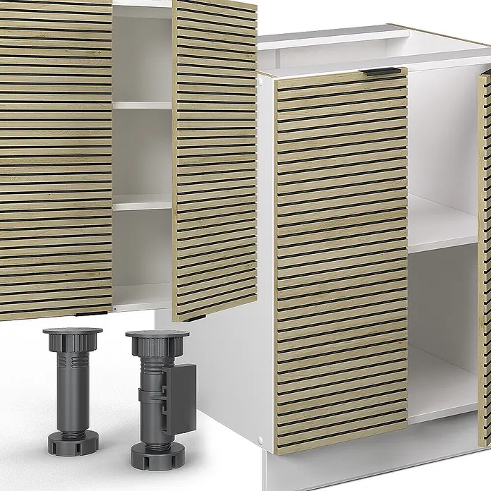 Vicco Küchenzeile Fame-Line Eiche Paneel/Weiß mit Hochschrank, AP Anthrazit - Breite: 300 cm, Eiche Paneel, Ohne Elektrogeräte - Weißer Schrank mit Lamellentüren aus hellem Holz und zwei grauen verstellbaren Möbelfüßen.