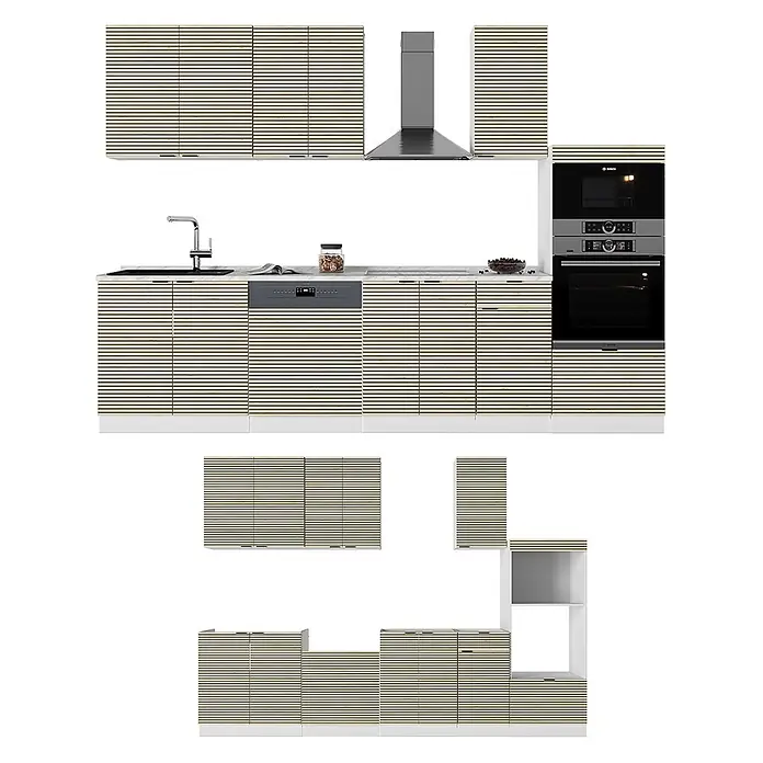 Vicco Küchenzeile Fame-Line Eiche Paneel/Weiß mit Hochschrank, AP Anthrazit - Breite: 300 cm, Eiche Paneel, Ohne Elektrogeräte - Helle beigefarbene Küchenschränke mit horizontalen schwarzen Lamellen, als Küche und Einzelmodule.