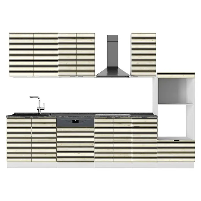 Vicco Küchenzeile Fame-Line Eiche Paneel/Weiß mit Hochschrank, AP Anthrazit - Breite: 300 cm, Eiche Paneel, Ohne Elektrogeräte - Moderne Küche mit hellen Lamellenholzschränken, dunkler Arbeitsplatte, Spüle, Geschirrspüler und Dunstabzugshaube.