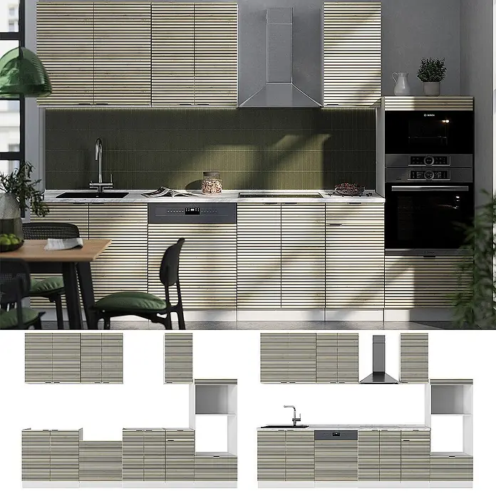 Vicco Küchenzeile Fame-Line Eiche Paneel/Weiß mit Hochschrank, AP Anthrazit - Breite: 300 cm, Eiche Paneel, Ohne Elektrogeräte - Moderne Küche mit hellen Lamellenschränken aus Holz und integrierten Geräten.