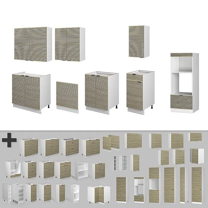Vicco Küchenzeile Fame-Line Eiche Paneel/Weiß mit Hochschrank, AP Anthrazit - Breite: 300 cm, Eiche Paneel, Ohne Elektrogeräte - Eine Auswahl modularer Küchenschränke mit weißen Korpen und hellen Holzlamellenfronten, darunter Wand-, Unter- und Hochschränke.