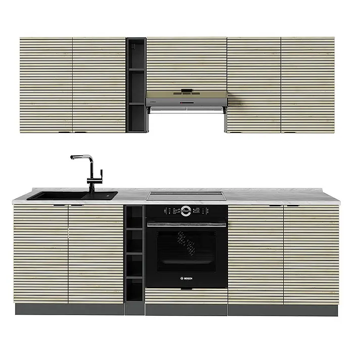 Vicco Küchenzeile Fame-Line Eiche Paneel/Anthrazit, AP Marmor - Breite: 235 cm, Eiche Paneel, Ohne Elektrogeräte - Moderne Küchenschränke mit hellen Holzlamellenfronten, schwarzem Backofen und Spüle, weißer Marmorarbeitsplatte und integrierten dunkelgrauen Regalen.