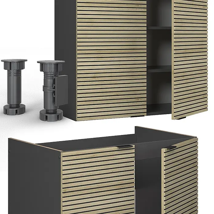 Vicco Küchenzeile Fame-Line Eiche Paneel/Anthrazit, AP Marmor - Breite: 235 cm, Eiche Paneel, Ohne Elektrogeräte - Modernes Sideboard mit Lamellentüren aus hellem Holz und dunkelgrauem Korpus, dazu verstellbare dunkelgraue Möbelfüße.